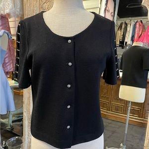 St John Short Sleeve Sweater with Rhinestone Flower Buttons and Cut Out Sleeves